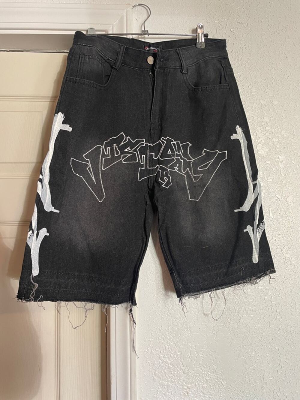 Black Graphic Women's Denim Jean Shorts with White Print